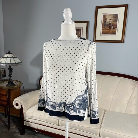 Zara Paisley & Geometric Polkadot Long Sleeve White & Blue Pattern Blouse Medium - Picture 3 of 12